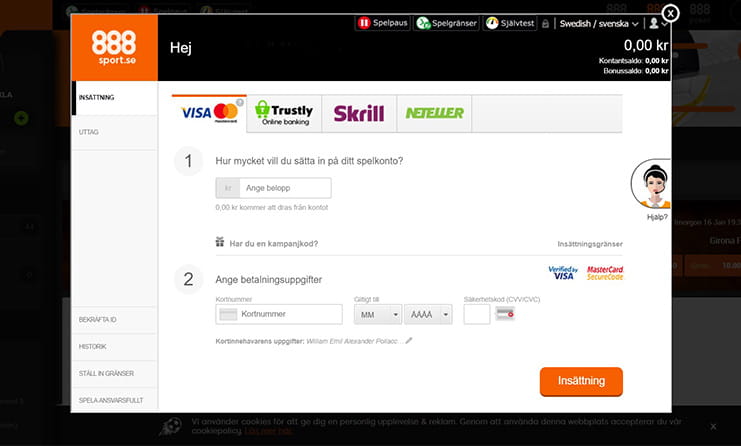 Betalningssida hos sportbettingsajten 888sport.