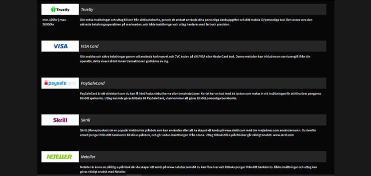 Bild på betives olika betalningsmetoder vilka inkluderar Trustly, VISA, paysafecard, Skrill och Neteller.