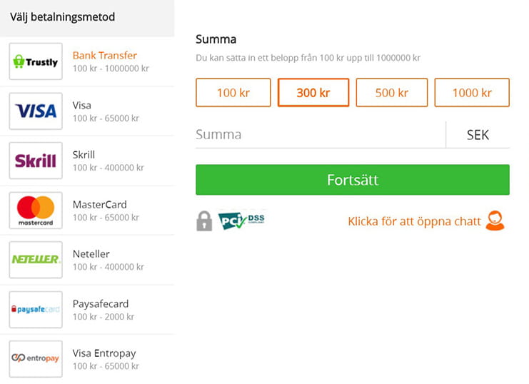 Betsson betalningsmetoder