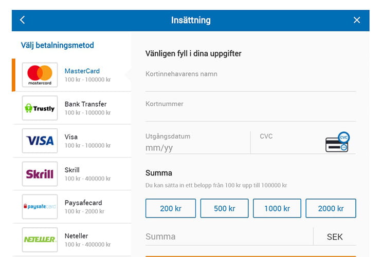 NordicBet betalningsmetoder