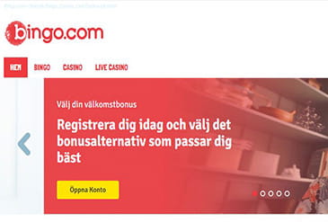 Bild på startsidan hos Bingo.com med länkar till sidans olika sektioner samt information om dess välkomsterbjudande.