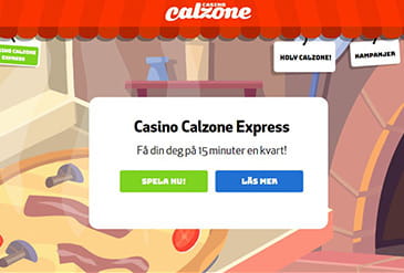 Bild på Casino Calzones startsida med länkar till några av sidans olika sektioner.