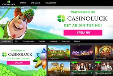 En överblick över Casinolucks hemsida där alla spelkategorier, inloggning och senaste vinnare syns.