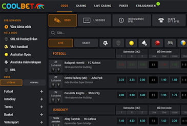 Bild på Coolbets sportsbetting med några av de sporter samt olika typer av spel som denna sektion innehåller.